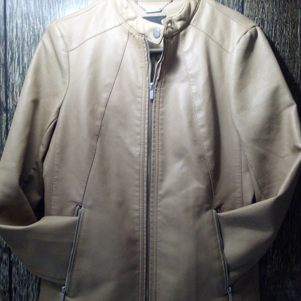 a.n.a Tan Leather Jacket with Sleek Zipper Closure
